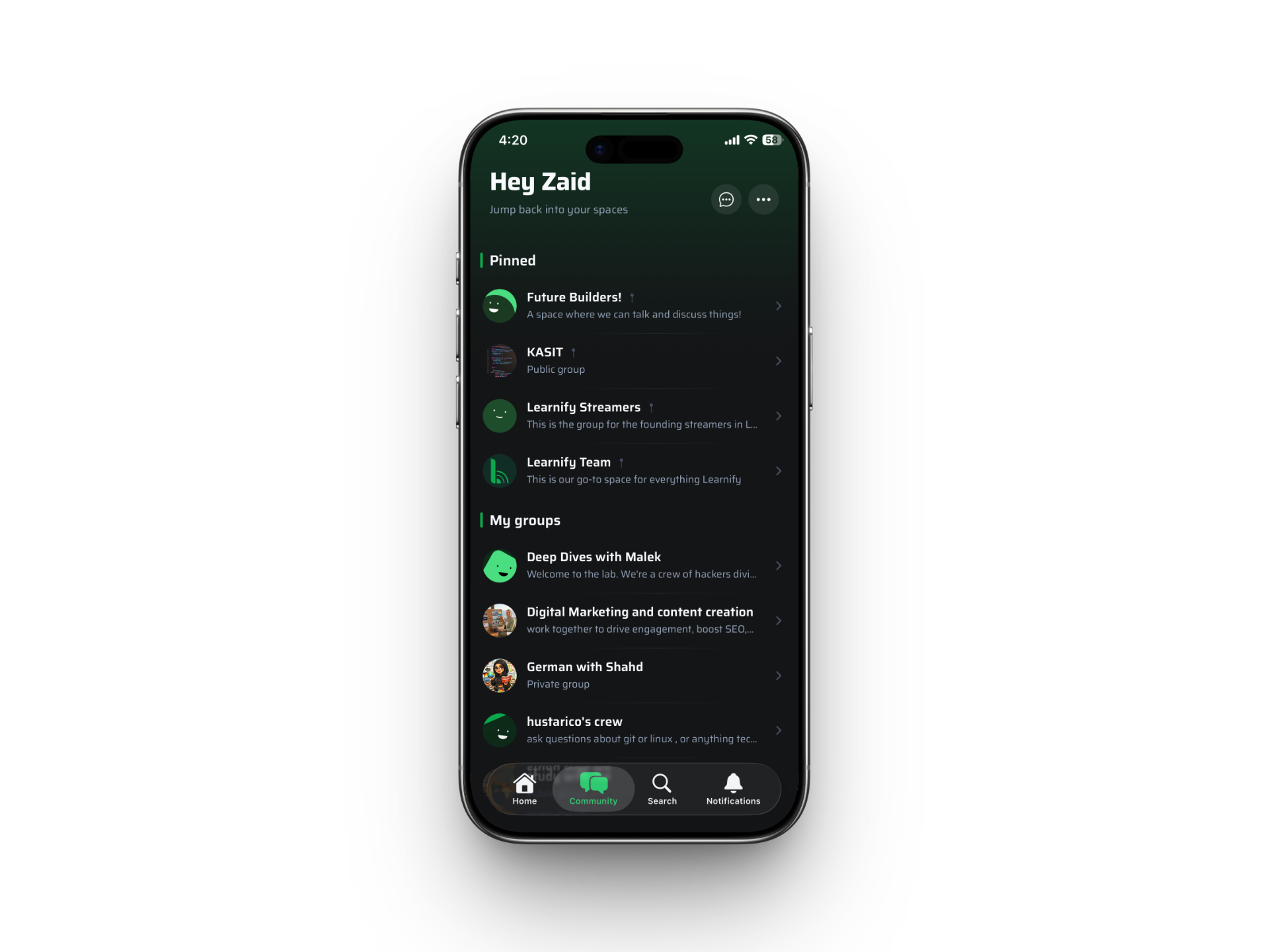 Learnify mobile — cohort community groups and chats